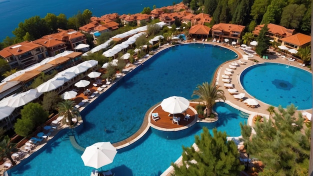 Aerial view of a luxury resort with pools