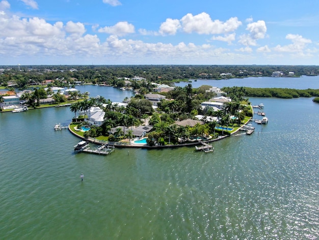 Aerial view of luxury villas and their private boat in Bay Island in Sarasota Florida USA