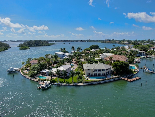 Aerial view of luxury villas and their private boat in Bay Island in Sarasota Florida USA