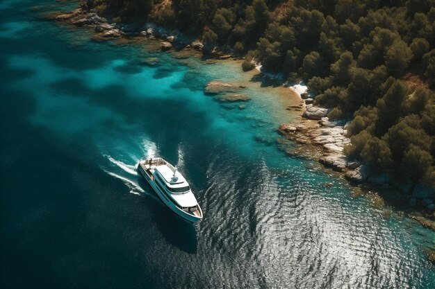 Aerial view of luxury yacht next to mediterranean island paradise AI generated