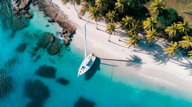 Aerial view of luxury yacht with palm trees on tropical beach