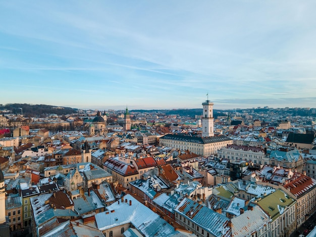 Aerial view of lviv city hall on sunset