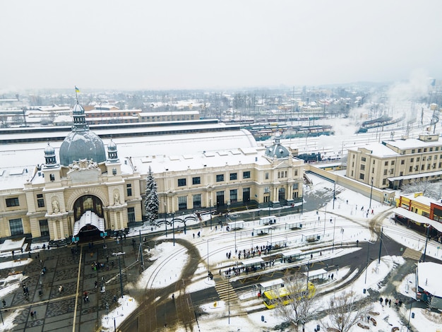 Aerial view of lviv railway station at winter time transport hub