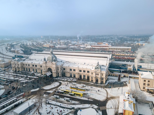 aerial view of lviv railway station at winter time transport hub
