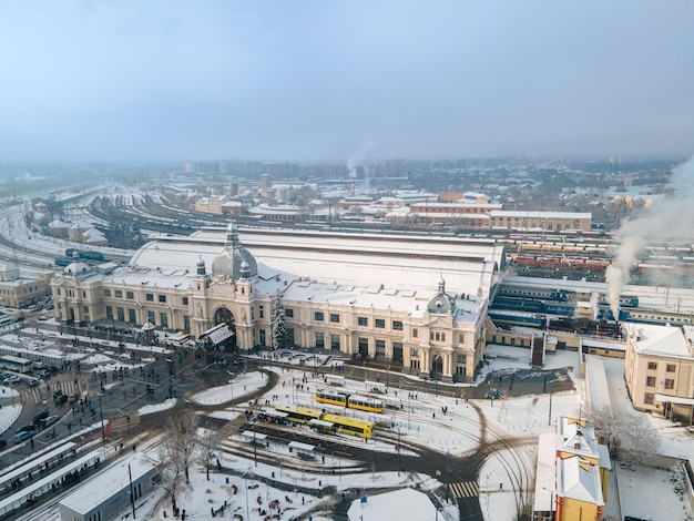 Aerial view of lviv railway station at winter time transport hub