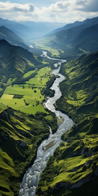 Aerial View Of Majestic Mountain River Terragen Style Photography