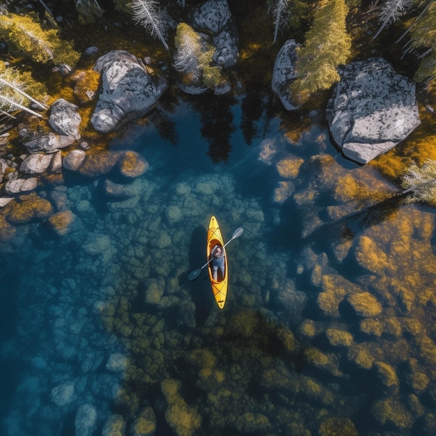 Aerial view of a man rowing a kayak in the sea