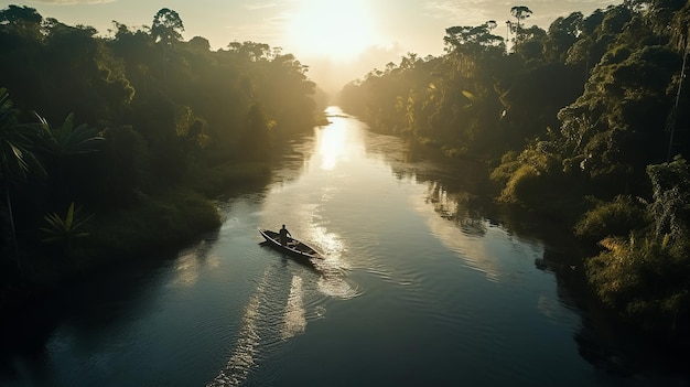 Photo aerial view of man with boat through river in misty tropical forest at sunrise