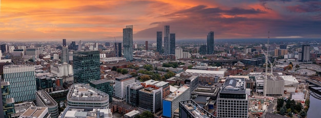 Aerial view of Manchester city in UK on a beautiful sunny day