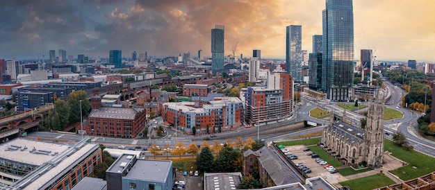 Aerial view of Manchester city in UK on a beautiful sunny day.