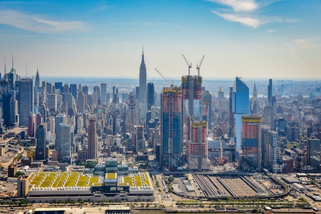 Aerial view of Manhattan financial district skyline, NYC.