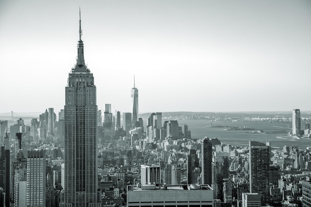 Aerial view of Manhattan skyline at sunrise New York City USA Black and white style image