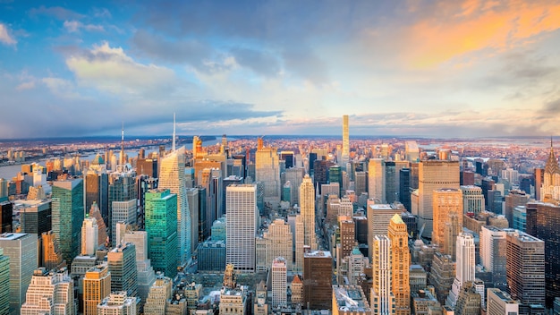Aerial view of Manhattan skyline at sunset, New York City in United States