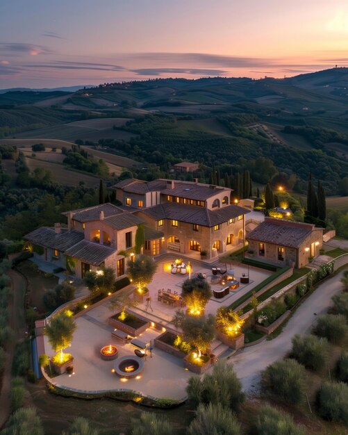 Aerial View of Mansion at Dusk