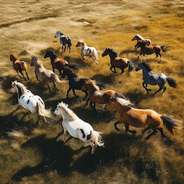 aerial view of many horses shambling in a desert and grassy plain mountain