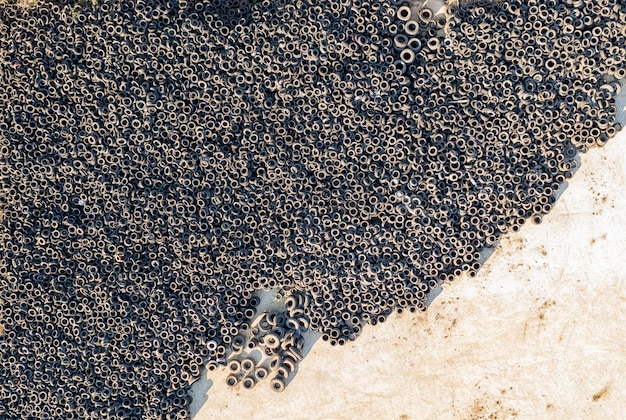 Aerial view of many old tires from used cars Environmental pollution Dump tires