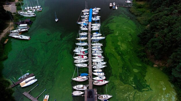 Aerial view of many ships and boats at the harbor