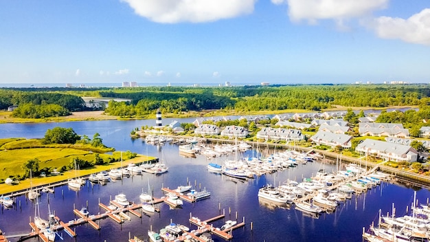 Aerial view of marina with lighthouse in South Carolina.