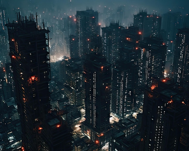 夜と日没の巨大な大都市のスカイラインの空撮ビジネス地区のコンセプト