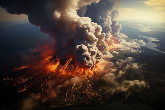 거대한 화산 폭발 의 공중 사진