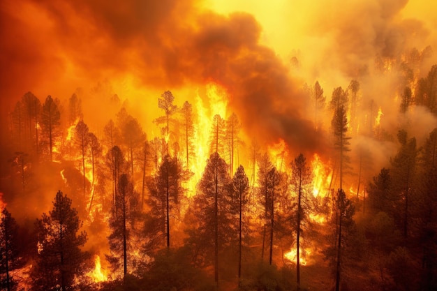 Aerial view of massive wildfire or forest fire with burning trees and orange smoke