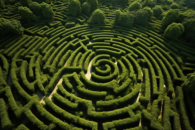 Foto vista aerea di modelli labirintici creati da cime di alberi incrociate