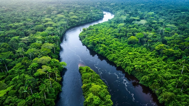 Photo aerial view of meandering river flowing through lush green tropical rainforest landscape