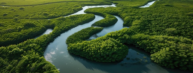 Photo aerial view of meandering river through green forest