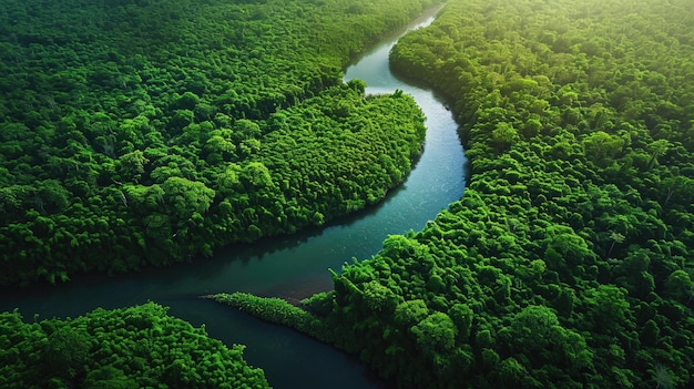 Aerial view of meandering river through lush forest resplendent