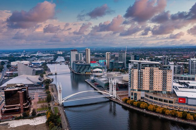 Aerial view of the Media City UK is on the banks of the Manchester Ship Canal in Salford and Traff