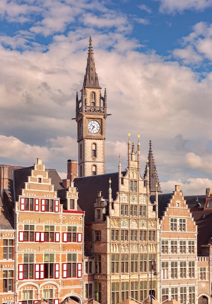 Aerial view of medieval buildings and towers of old town ghent belgium