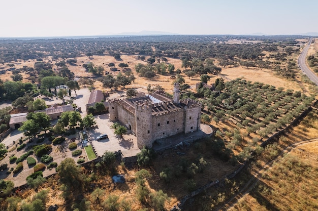 Aerial view of a medieval castle with battlements and vaults