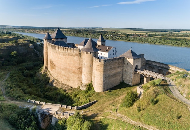 Aerial view of medieval Khotyn fortress on a Dniestr river Chernivtsi region Ukraine