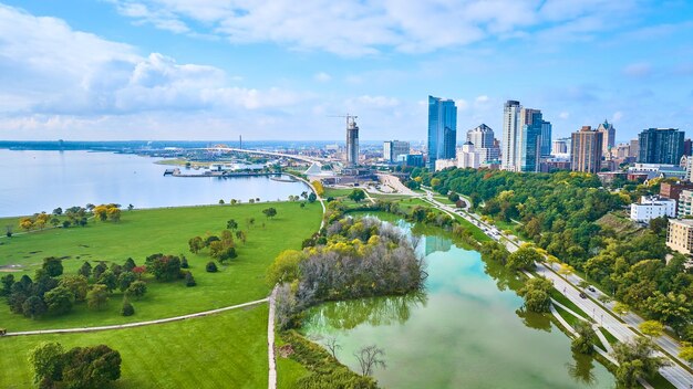 Aerial View of Milwaukee Park and Skyline by Lake Michigan