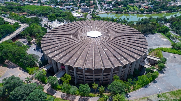 Aerial view of the Mineirao football stadium Mineirinho with the Pampulha lagoon in the background Belo Horizonte Brazil