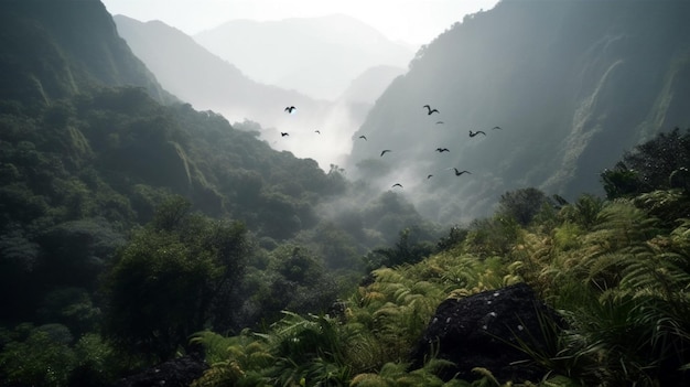 Aerial view of mist cloud and fog hanging over a lush tropical rainforest after a storm