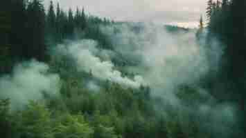 Photo aerial view of misty forest in summer smoke from a forest