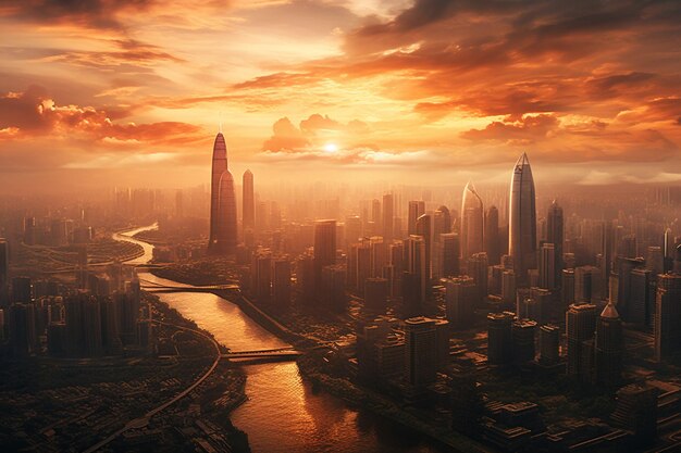 Aerial view of a modern city skyline during sunset