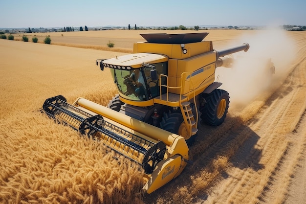 Aerial view of modern combine harvester in action harvesting wheat at summer agricultural field