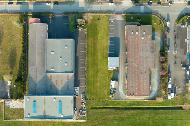 Aerial view of modern factory structure for production and distribution of industrial equipment Concept of global industry