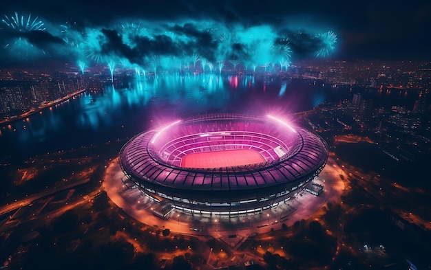 Foto vista aerea di un moderno stadio di calcio con luci colorate