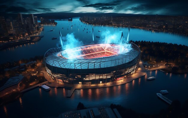 aerial view of modern soccer stadium with colorful light