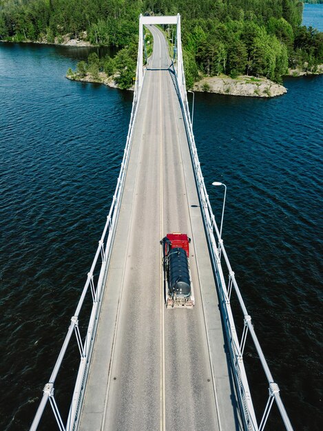 フィンランドの青い湖の水の上に車やトラックを乗せた現代の吊り橋の空撮