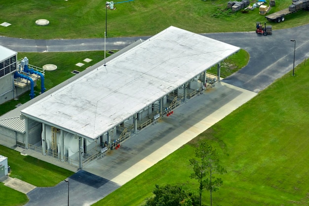 Aerial view of modern water cleaning facility at urban
wastewater treatment plant purification process of removing
undesirable chemicals suspended solids and gases from contaminated
liquid