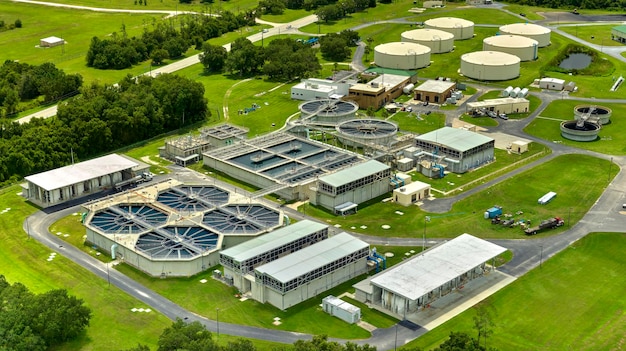 Aerial view of modern water cleaning facility at urban wastewater treatment plant Purification process of removing undesirable chemicals suspended solids and gases from contaminated liquid