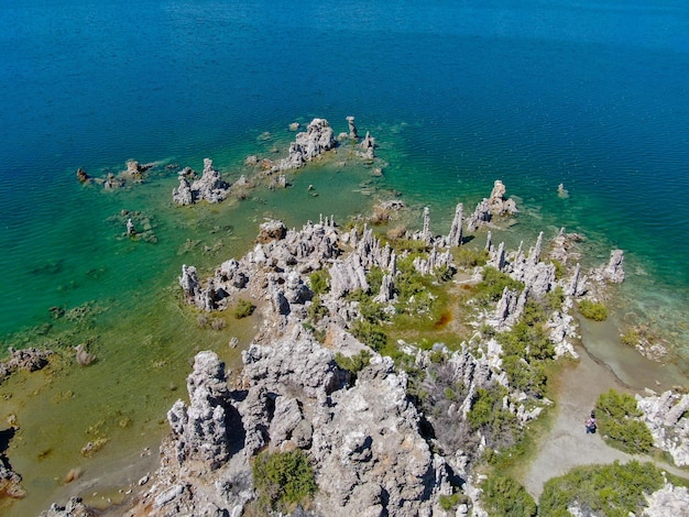 Aerial view of Mono Lake with tufa rock formations during summer season Mono County California