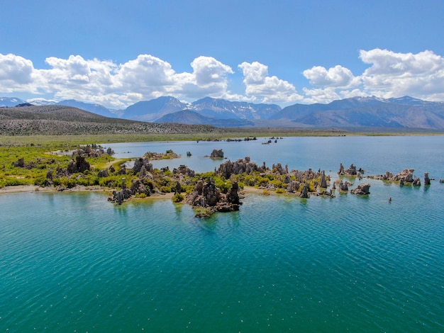 Aerial view of Mono Lake with tufa rock formations during summer season Mono County California