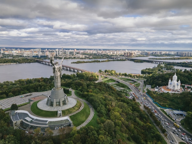 Aerial view of the Motherland monument in the city center