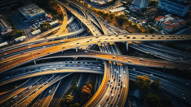 Foto vista aerea del traffico sfocato di movimento all'incrocio di intersezione dei cavalli leggeri delle autostrade m e m