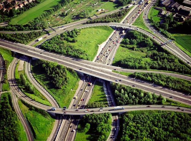 Aerial view of a motorway intersection